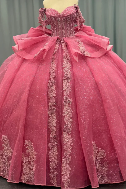 Off Shoulder Sleeveless Beaded Sequins 3D Flower Appliques Bow Knot Pink Quinceanera Dress