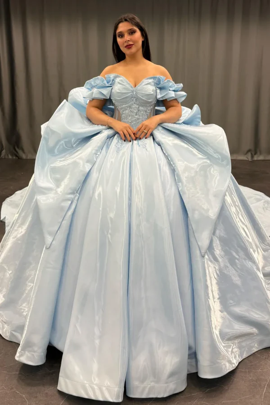 Off Shoulder Sleeveless Beaded Sequins Appliques Bow Knot Blue Quinceanera Dress