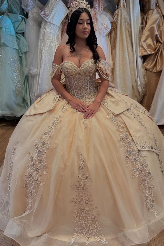 Off Shoulder Sleeveless Beaded Sequins Appliques Bow Knot Champagne Sweet 15 Quinceañera Dress