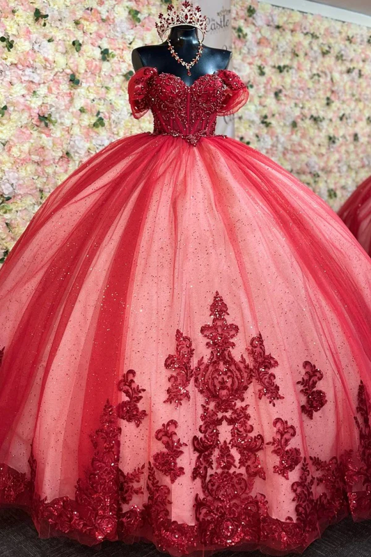 Off Shoulder Sleeveless Beaded Sequins Appliques Red Quinceanera Dress for Sweet 16