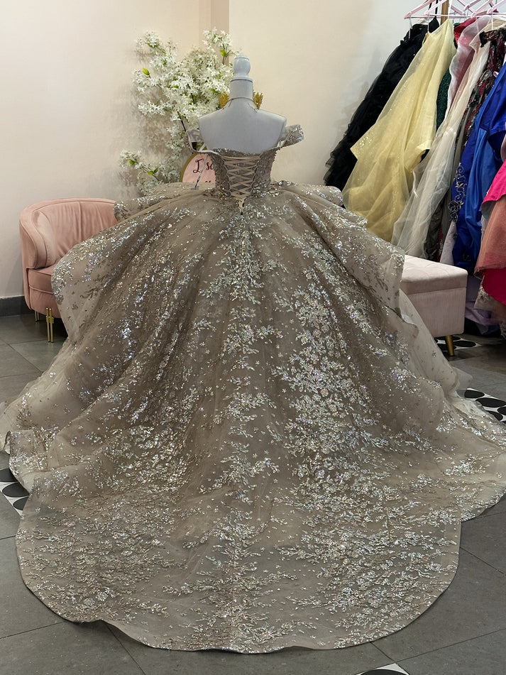 Off Shoulder Sleeveless Beaded Sequins Appliques Ruffles Gold Sweet 15 Quinceañera Dress