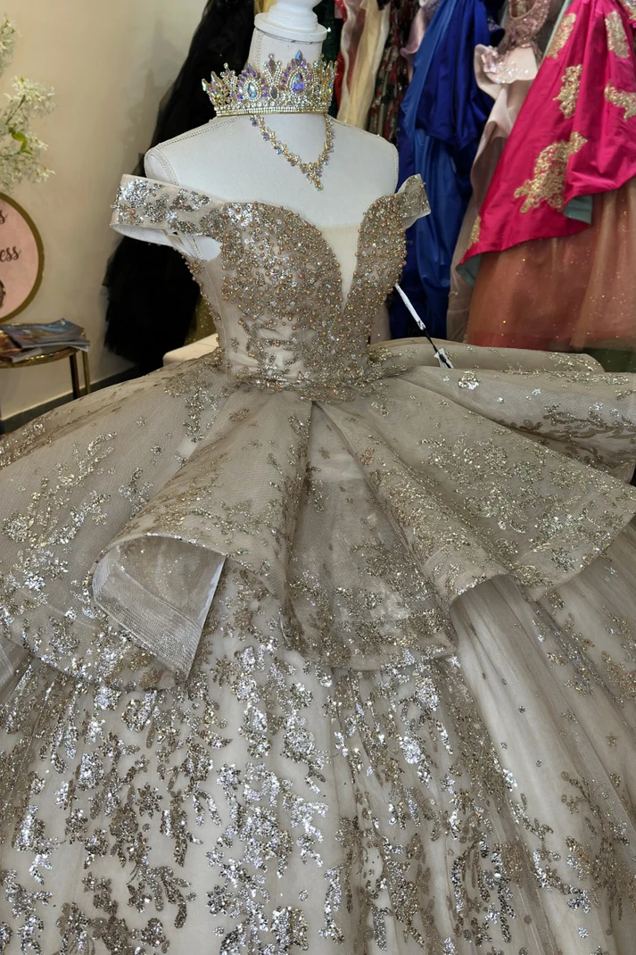 Off Shoulder Sleeveless Beaded Sequins Appliques Ruffles Gold Sweet 15 Quinceañera Dress