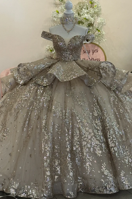 Off Shoulder Sleeveless Beaded Sequins Appliques Ruffles Gold Sweet 15 Quinceañera Dress