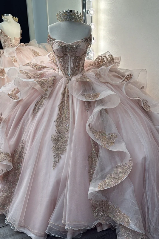 Off Shoulder Sleeveless Beaded Sequins Appliques Ruffles Pink Sweet 15 Quinceañera Dress
