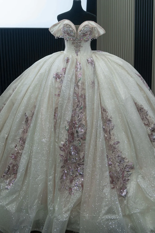 Off Shoulder Sleeveless Beaded Sequins Appliques White Sweet 15 Quinceañera Dress