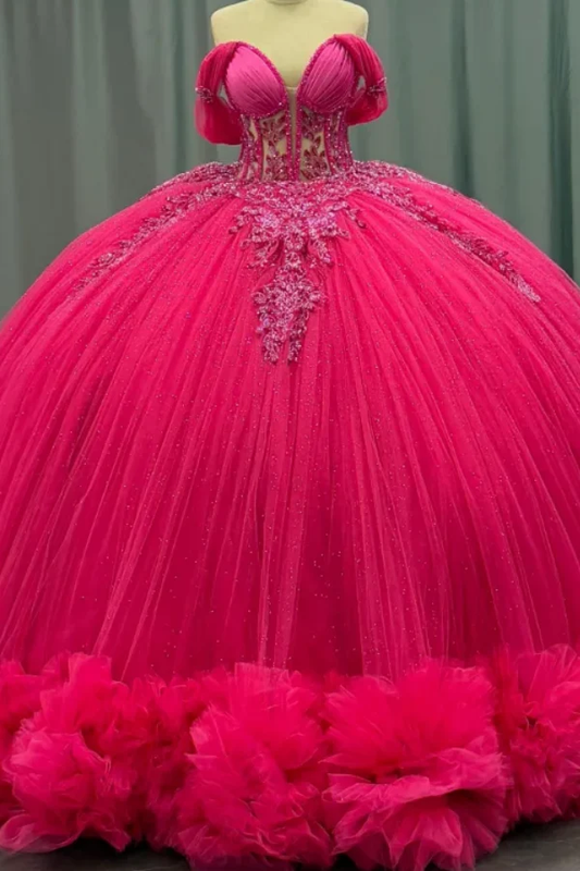 Off Shoulder Sleeveless Beaded Sequins Fuchsia Quinceanera Dress for Sweet 16