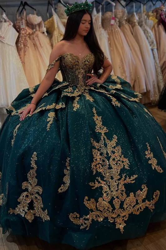 Off Shoulder Sleeveless Beaded Sequins Gold Appliques Dark Green Sweet 15 Quinceañera Dress