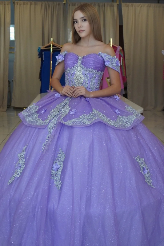 Off Shoulder Sleeveless Beaded Silver Appliques Lilac Sweet 15 Quinceañera Dress