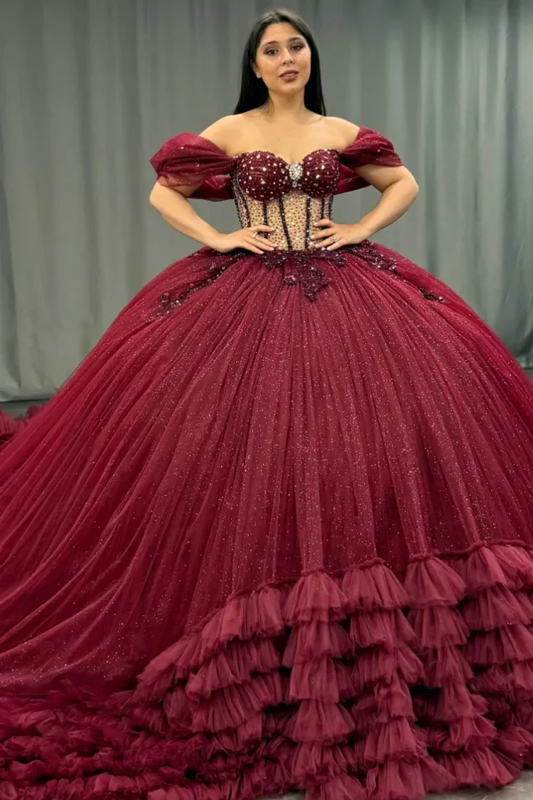 Off Shoulder Sleeveless Burgundy Quinceañera Dress with Beaded Appliques