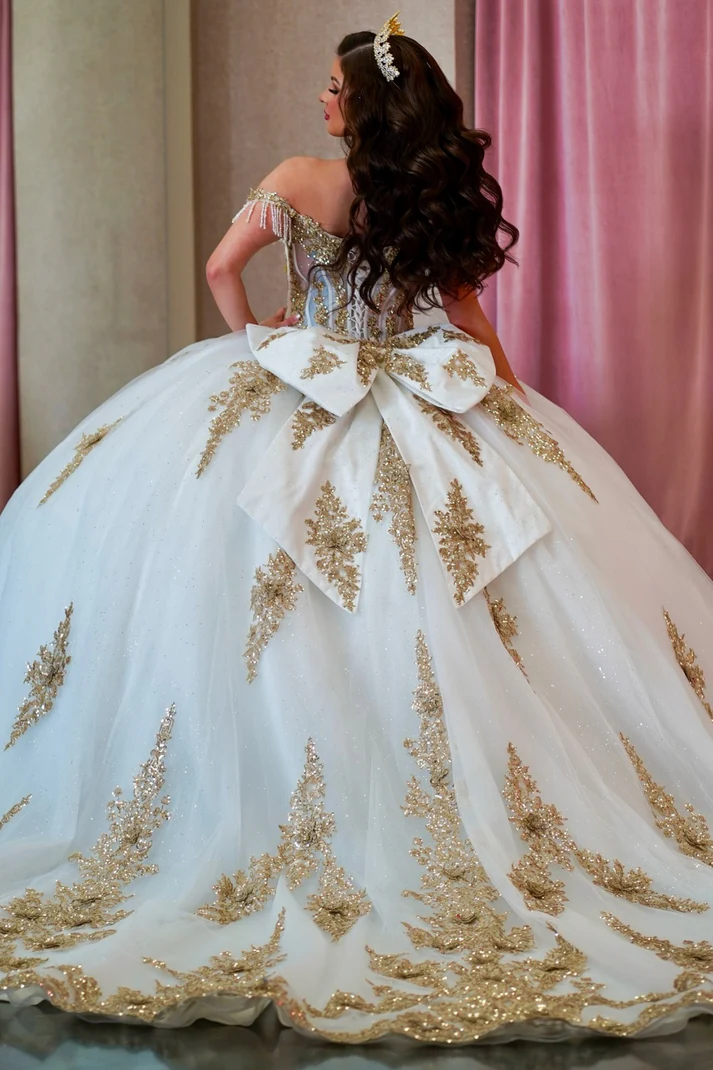 Off Shoulder Sleeveless Gold Sequins Beaded Appliques Bow Knot Sweet 15 Quinceañera Dress