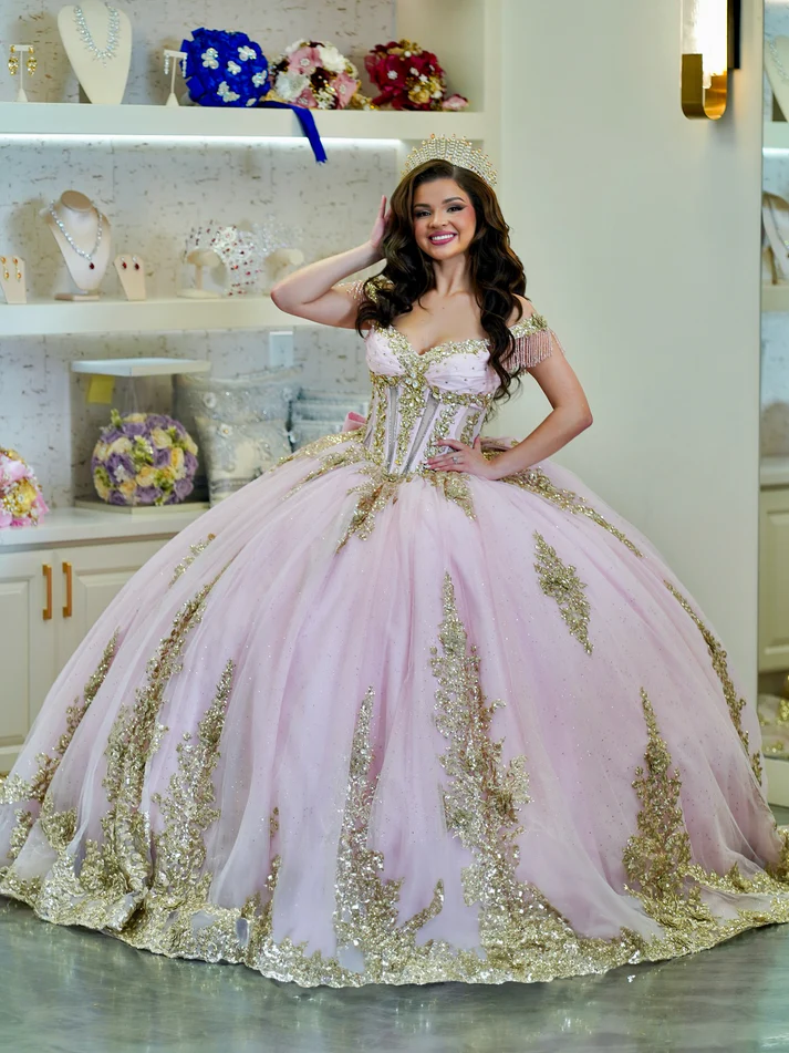 Off Shoulder Sleeveless Gold Sequins Beaded Appliques Bow Knot Sweet 15 Quinceañera Dress