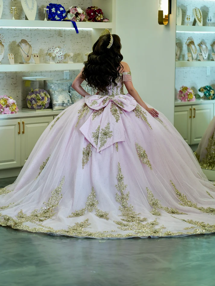 Off Shoulder Sleeveless Gold Sequins Beaded Appliques Bow Knot Sweet 15 Quinceañera Dress