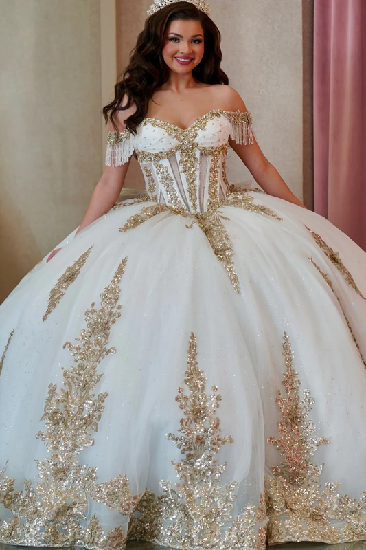 Off Shoulder Sleeveless Gold Sequins Beaded Appliques Bow Knot Sweet 15 Quinceañera Dress