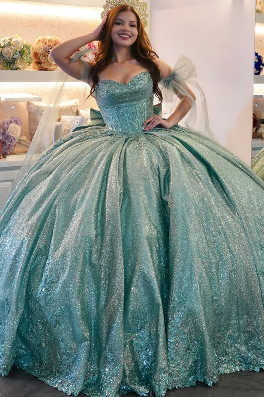 Off Shoulder Sleeveless Green Quinceañera Dress with Sequins Appliques Pleated Bow Knot