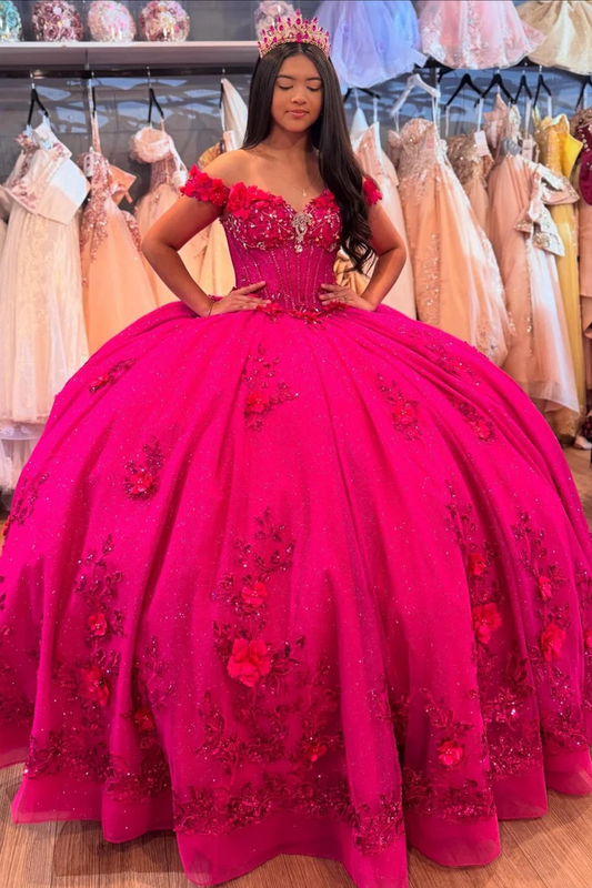 Off Shoulder Sleeveless Hot Pink Sweet 15 Quinceañera Dress with Beaded 3D Flower Appliques Bow Knot