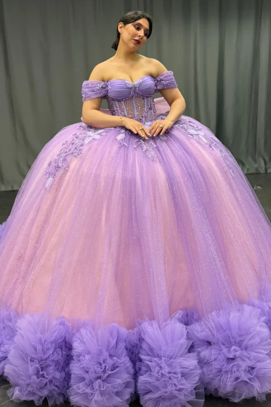 Off Shoulder Sleeveless Lilac Quinceañera Dress with Beaded Sequins Appliques Bow Knot