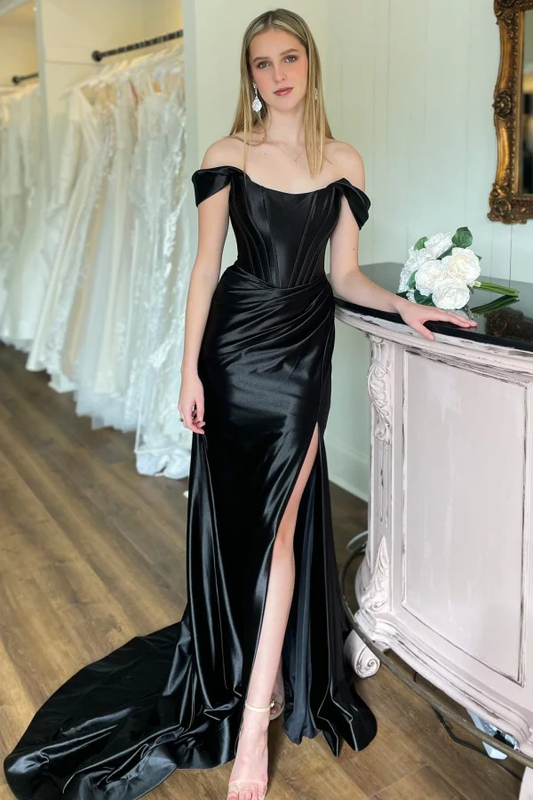 Off Shoulder Sleeveless Pleated High Side Slit and Train Prom Party Dress