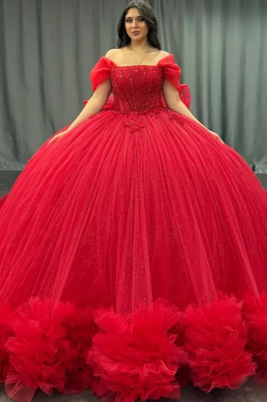 Off Shoulder Sleeveless Red Sweet 15 Quinceañera Dress with Beaded Applqieus Bow Knot