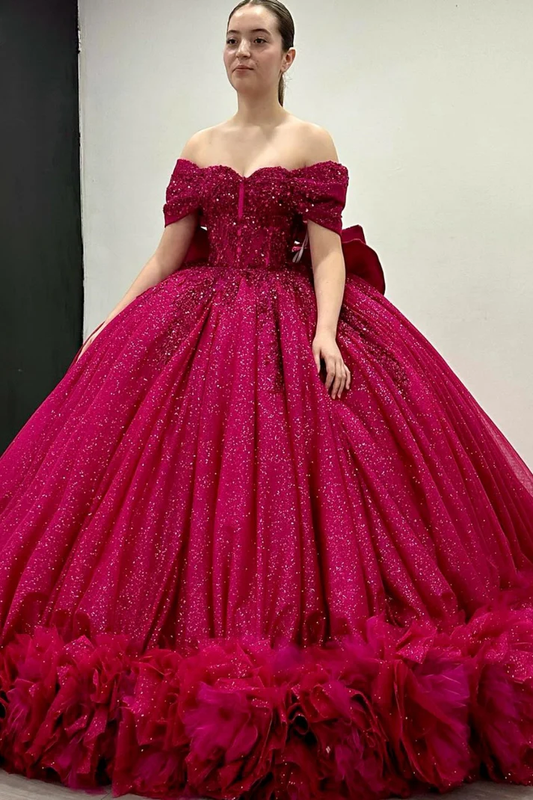 Off Shoulder Sleeveless Ruffles Tiered Bow Knot Fuchsia Sweet 15 Quinceañera Dress