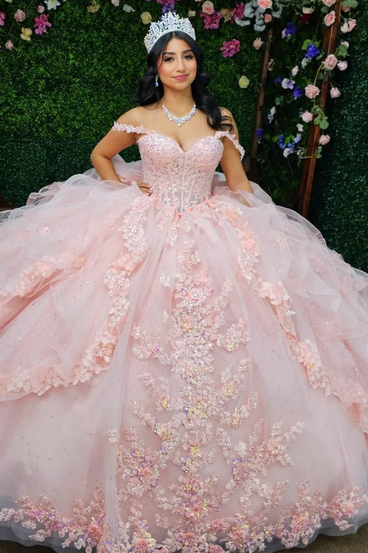 Off Shoulder Sleeveless Sequins Appliques Ruffles Pink Sweet 15 Quinceañera Dress