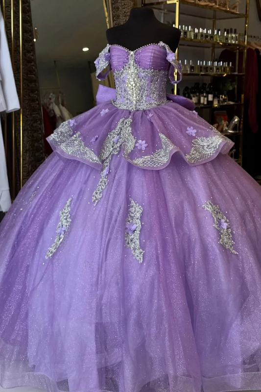 Off Shoulder Sleeveless Silver Appliques Beaded Bow Knot Lilac Sweet 15 Quinceañera Dress