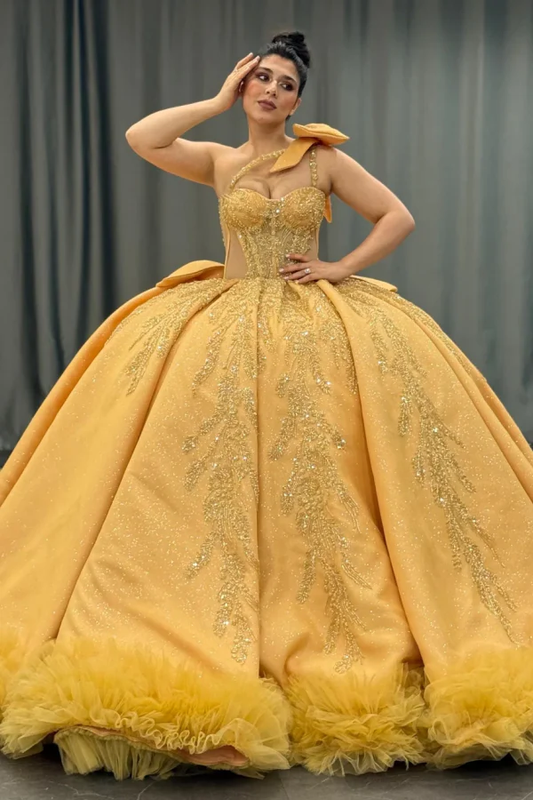One Shoulder Sleeveless Beaded Yellow Quinceañera Dress with Bow Knot