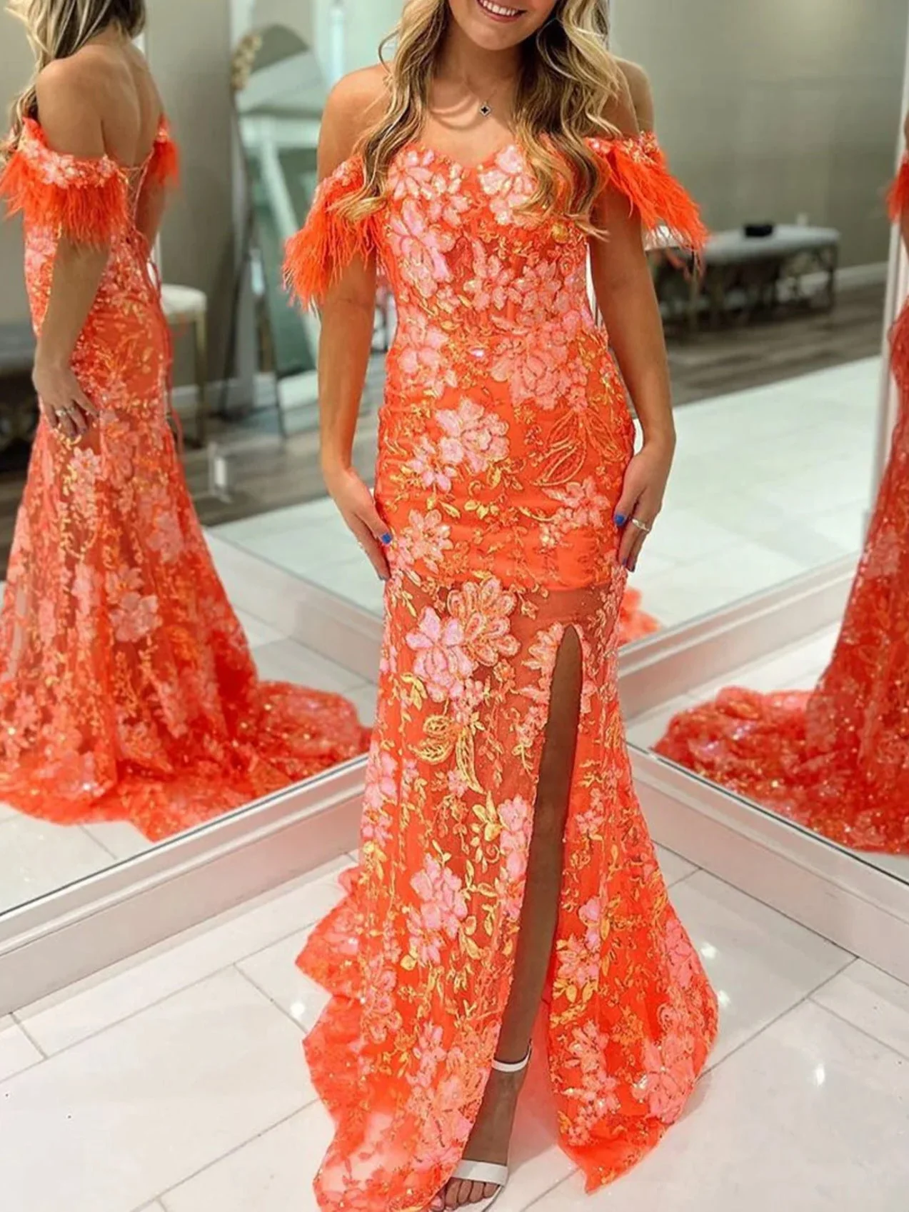 Orange Sweetheart Mermaid Lace Long Prom Dresses With Split