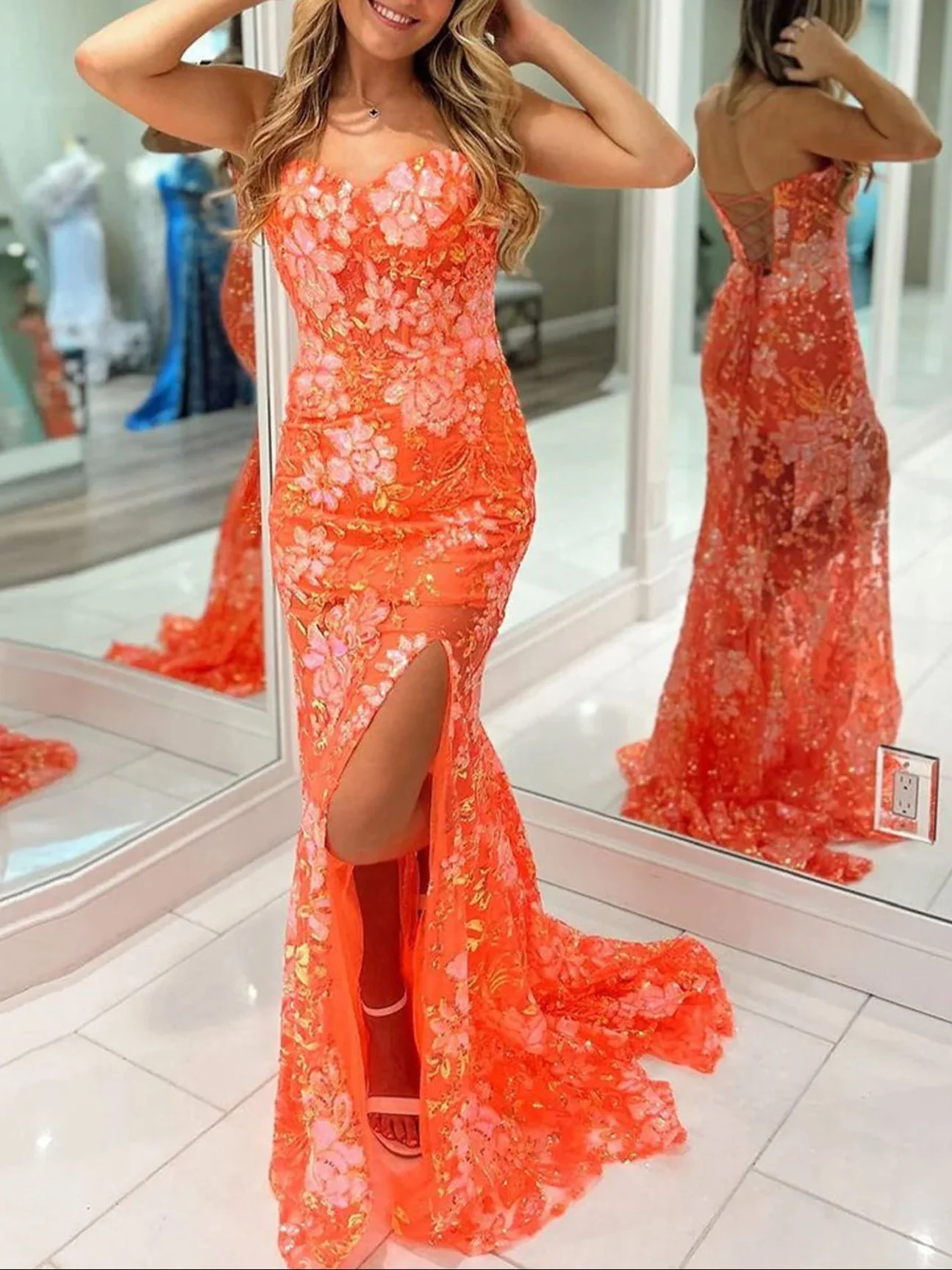 Orange Sweetheart Mermaid Lace Long Prom Dresses With Split