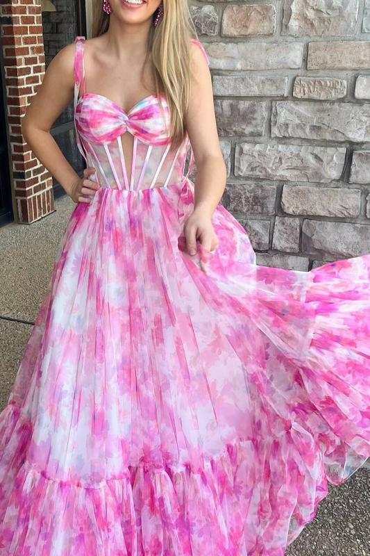 Pink Floral Print Corset A-Line Long Prom Dress with Bow Tie Straps