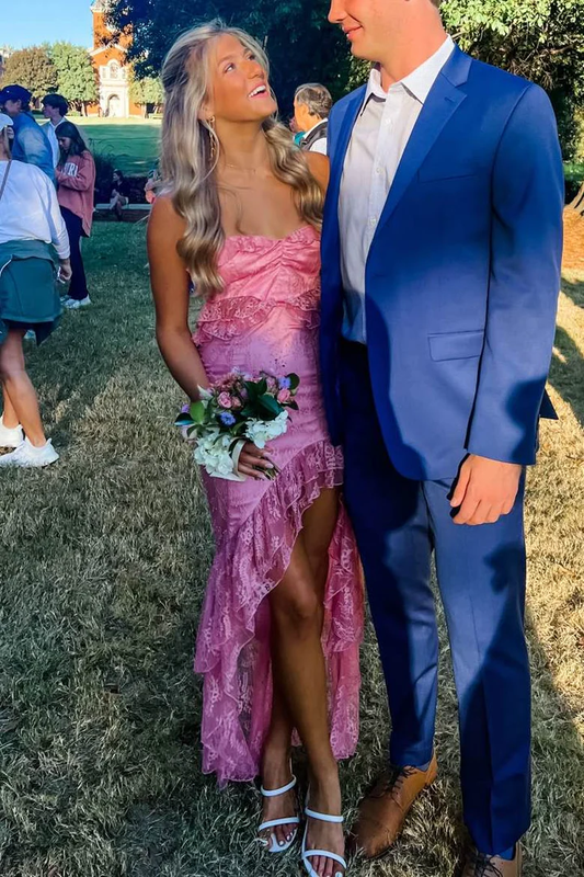 Pink Strapless Lace Ruffles Sleeveless High Slit Prom Dress