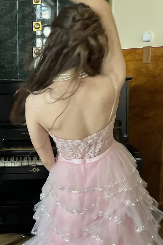 Pink Strapless Sweetheart Ruffles Empire-Waist Long Prom Dress
