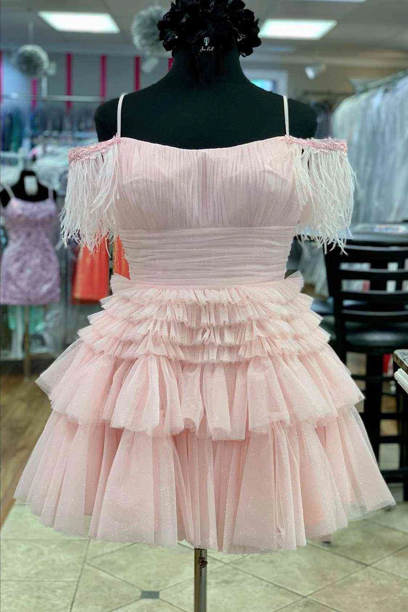 Pleated Hot Pink Cold Sleeves Tiered Tulle Party Dress,Short Homecoming Dress