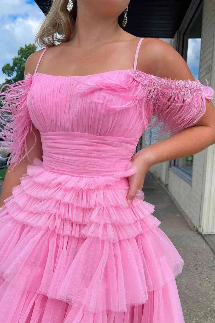 Pleated Hot Pink Cold Sleeves Tiered Tulle Party Dress,Short Homecoming Dress