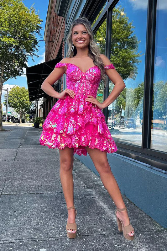 Pretty A-Line Off the Shoulder Hot Pink Sequin Lace Short Homecoming Dresses
