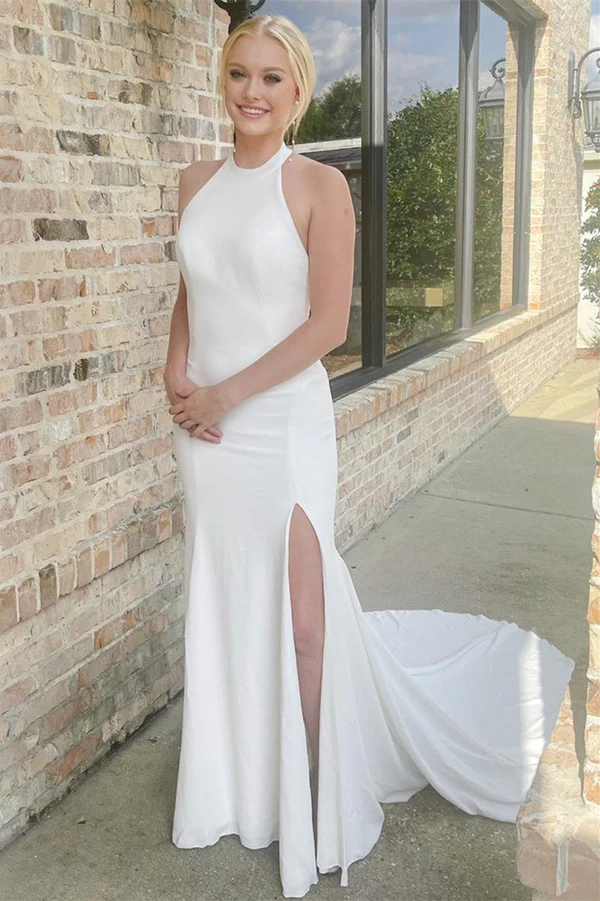 Pretty Halter Satin Sleeveless Mermaid Wedding Dresses Open Back With High Slit