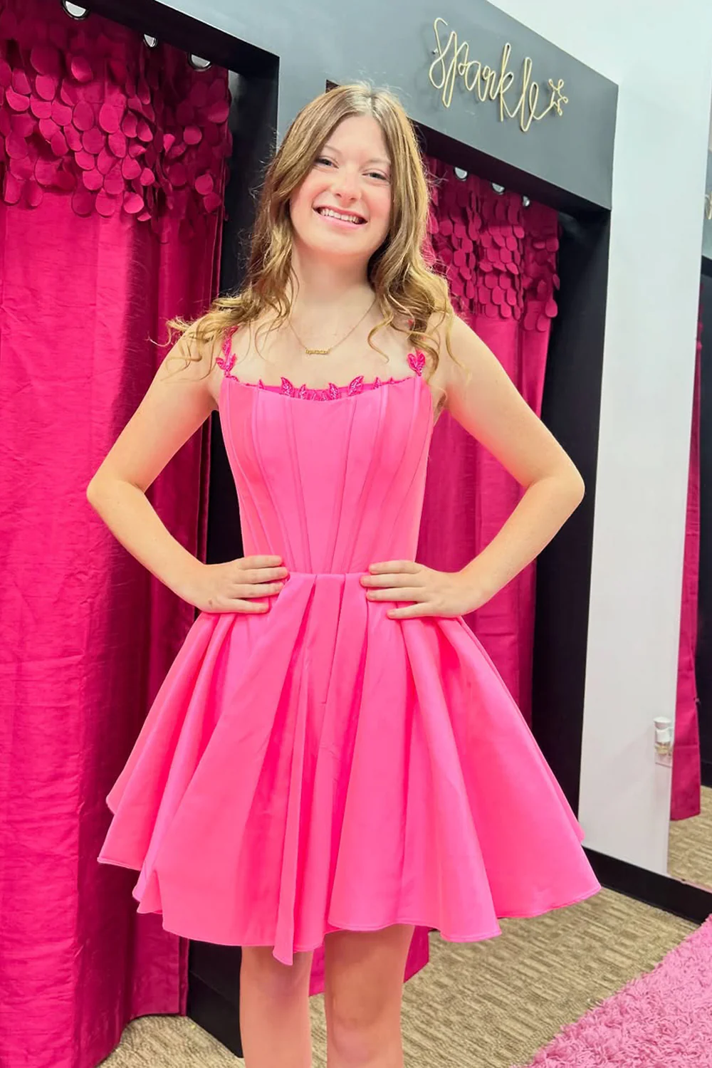 Princess A-Line Fuchsia Satin Short Homecoming Dresses