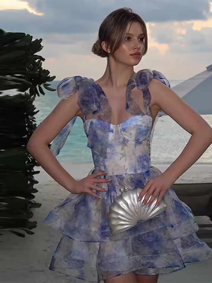 Printed Strap Puffy Dress Lace Up Bow Layered Backless Sexy Slimming Halter Mesh Vacation Beach Women Short Slip Dresses Summer