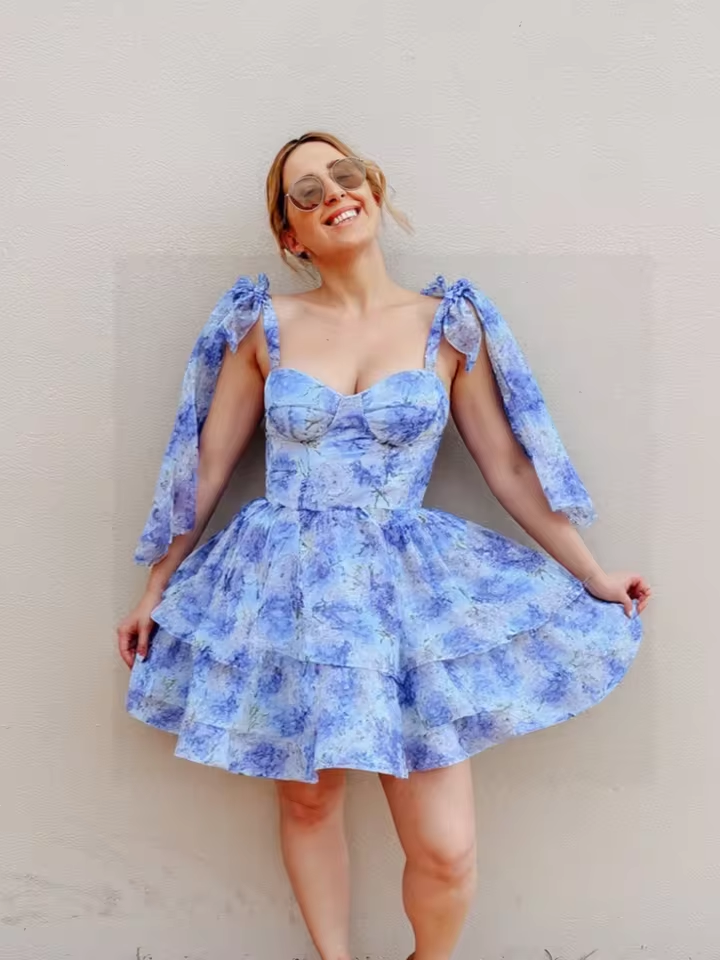 Printed Strap Puffy Dress Lace Up Bow Layered Backless Sexy Slimming Halter Mesh Vacation Beach Women Short Slip Dresses Summer