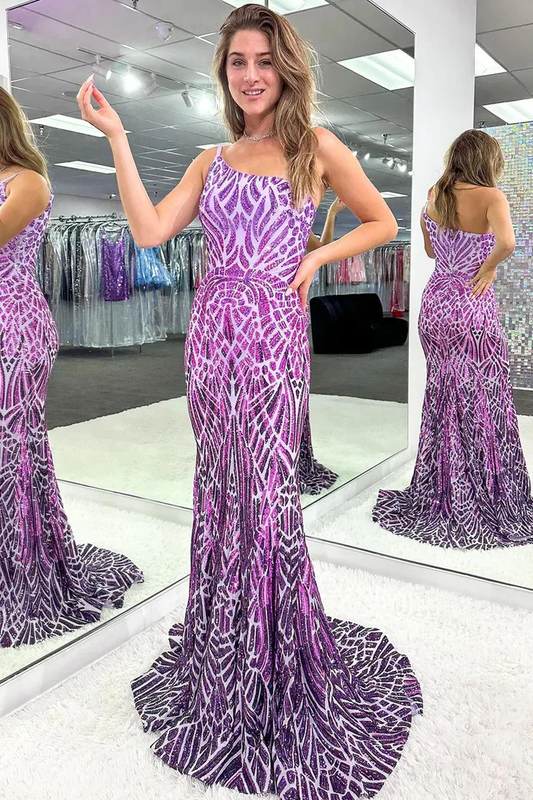 Purple One Shoulder Sequins Mermaid Long Prom Dresses