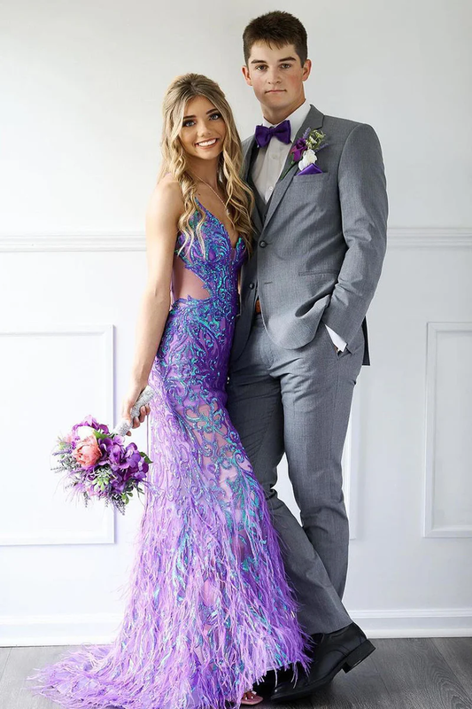 Purple Sequins V Neck Mermaid Long Prom Dresses with Feather