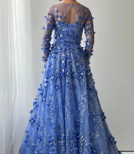 Romantic Deep V-Neck Long-Sleeves Pleated Sequined Floral Embellished Prom Dress
