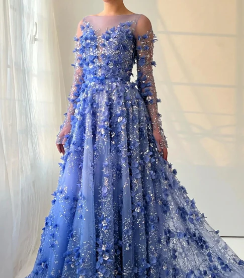 Romantic Deep V-Neck Long-Sleeves Pleated Sequined Floral Embellished Prom Dress