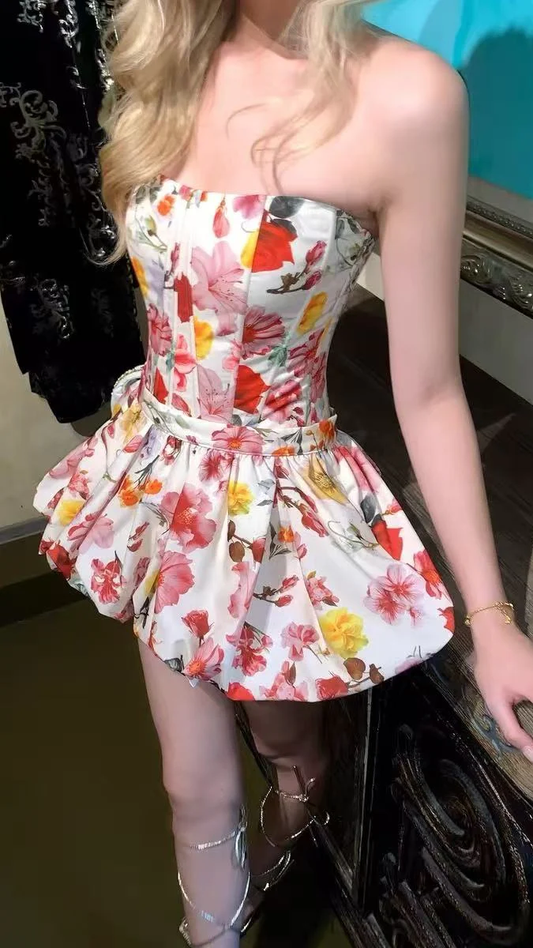 Romantic Floral Homecoming Dresses Strapless Mini Prom Graduation Dress