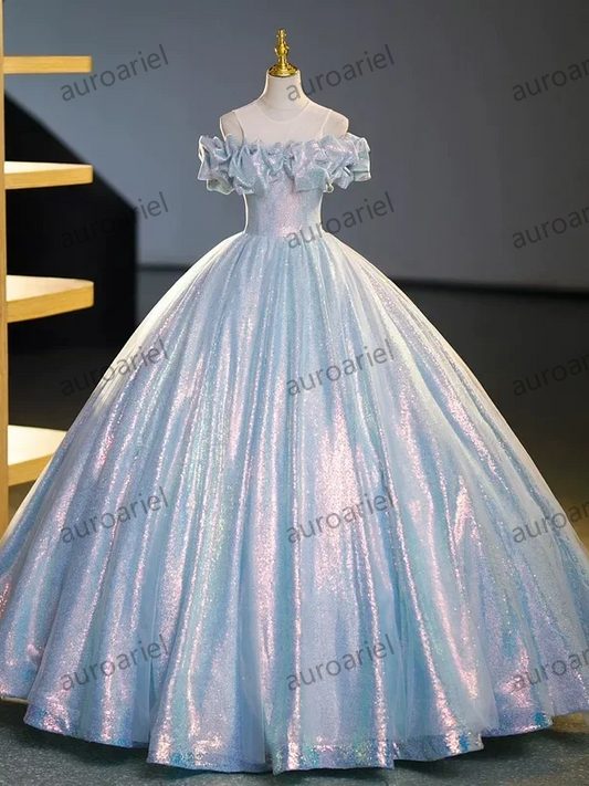 Customized Style Boat Collar Shoulder Strapless Wedding Party Dress Slim Waist Sequined Luxury Shinny Prom