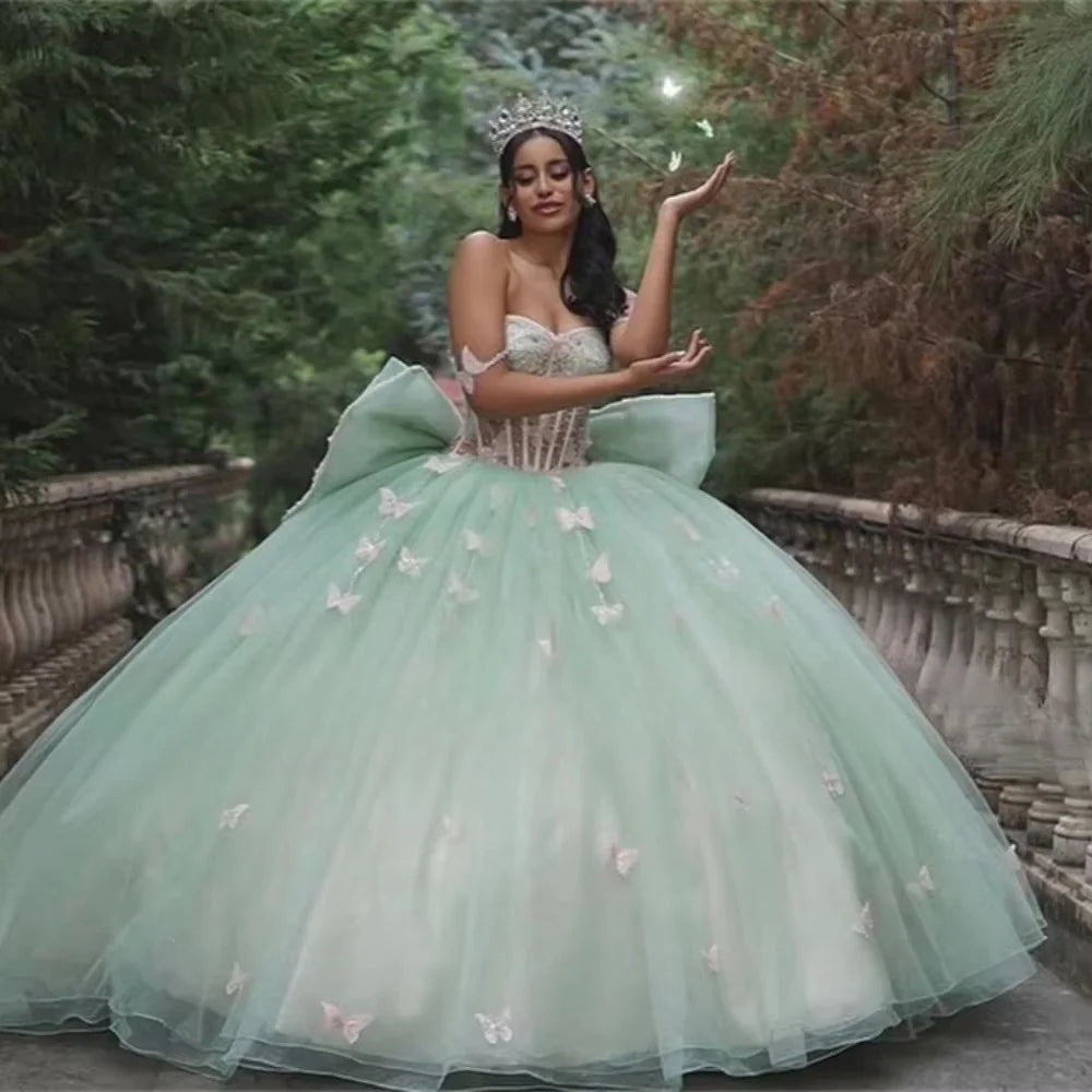 Shiny Sage Lace Puffy Princess Quinceanera Dresses Off The Shoulder Lace-up Bow Beads Corset Chapel Train Sweet 15 vestidos de