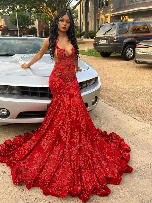Red Wedding Dress Appliques Crystals Beaded Mermaid Dresses Ruffled Long Sweep Train