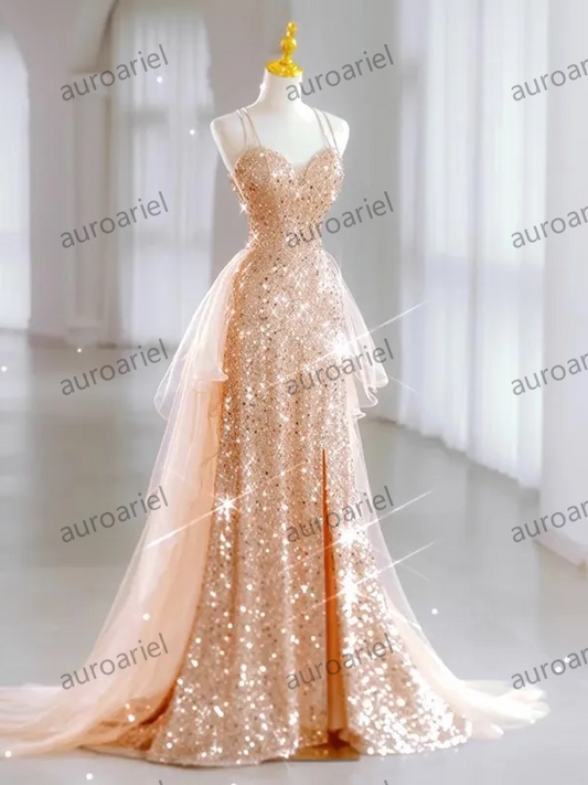 Sequined Elegant Wedding Party Dresses Slim Waist Sling Prom Dress Luxury Shinny Mesh