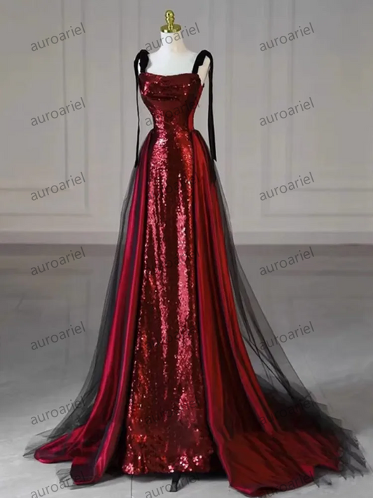 Customized Wine Red Temperament Sling Wedding Party Dresses Slim Waist Sequin