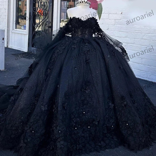 Black Ball Gown 15 Year Old Quinceanera Dresses Glitter Tulle 3D Appliques