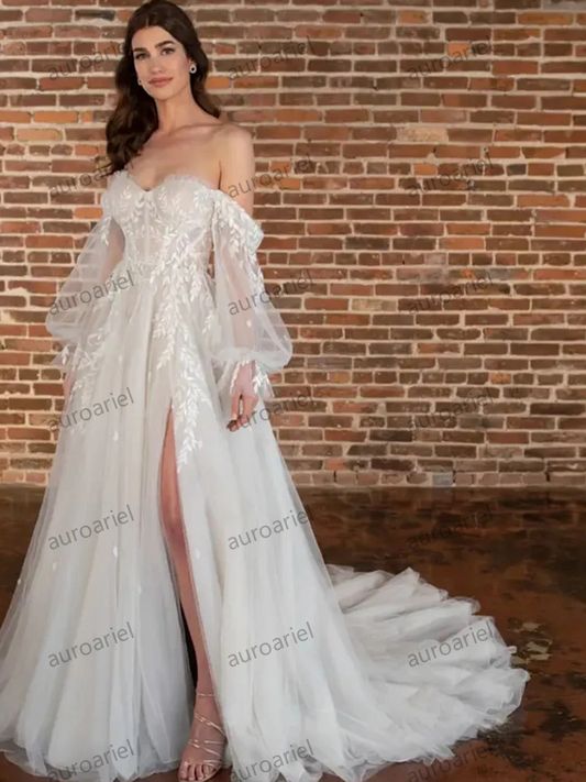 Elegant Sweetheart Wedding Dresses For Woman Puffy Full Sleeves Side Silt Bridal Gowns Soft Tulles